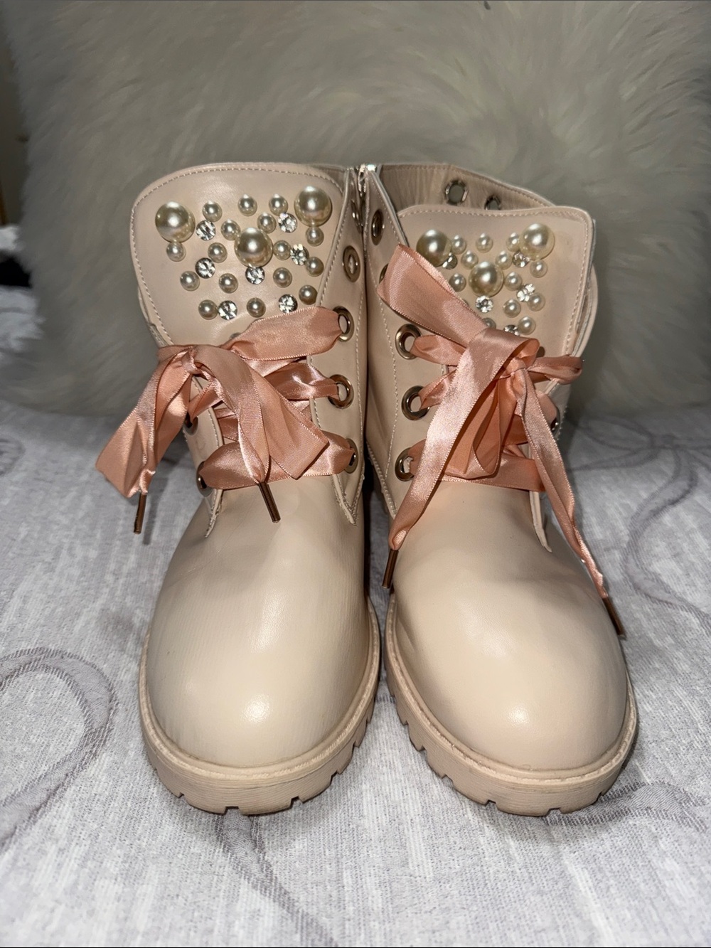 Pearl-Embellished Cream Lace-Up Women’s Boots